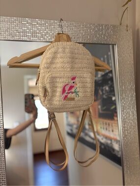 Vera Bradley Woven Straw Mini Backpack with Pink Parrot Embroidery